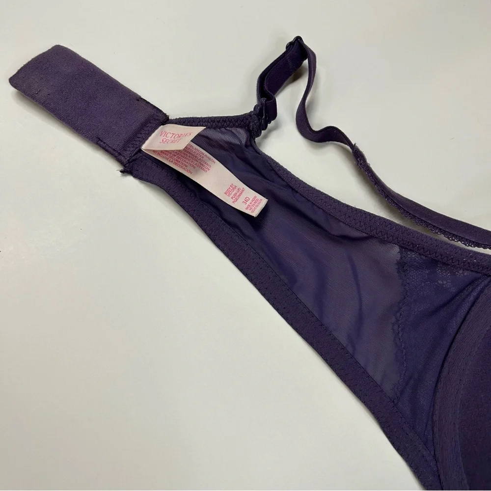 Body Victorias Secret 34D Pushup Bra Padded Purple Floral Lace Underwire #0466 - Picture 6 of 11
